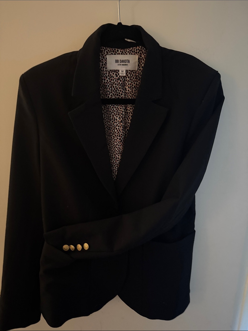 BB Dakota Black Blazer with Gold Buttons and Leopard Lining